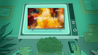 Man watching television screen displaying an Amazon Fire TV 75" Omni Series 4K UHD smart TV.