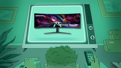 Man watching television screen displaying a SAMSUNG 57" Odyssey Neo G9 Series.