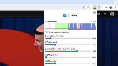 The browser extension JumpCutter running in Chrome. There is a graph showing the volume at different points in a TED Talk, with the silent parts outlined in red. Those can be sped up. 