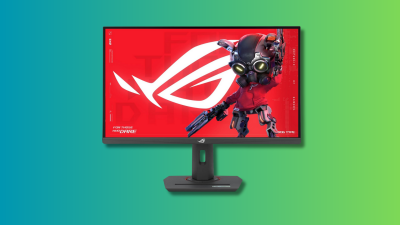 ASUS ROG Strix 27” 4K HDR400 USB-C Gaming Monitor(XG27UCS) on a teal and green gradient background.