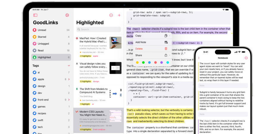 GoodLinks app on iPhone and iPad showing highlighting and notes.