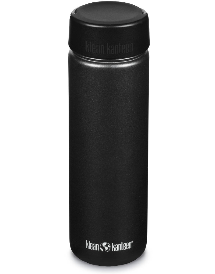 A black water bottle on a white background.