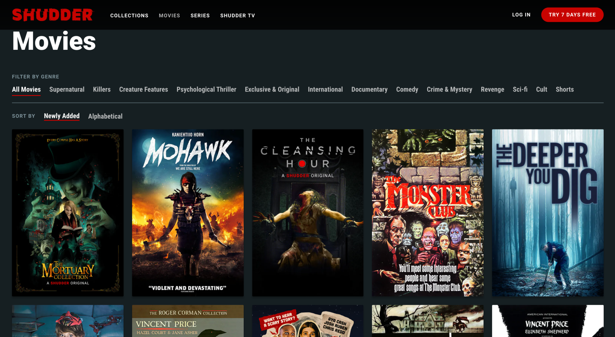 A screenshot of the Shudder homepage