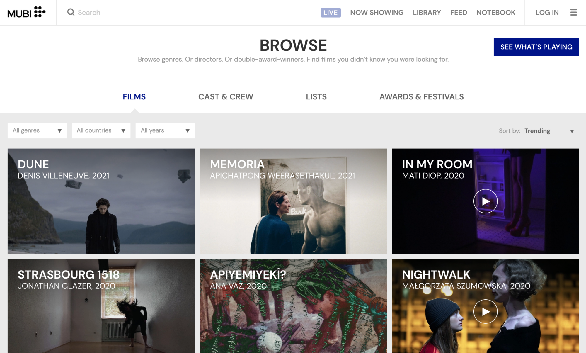 A screenshot of the MUBI homepage
