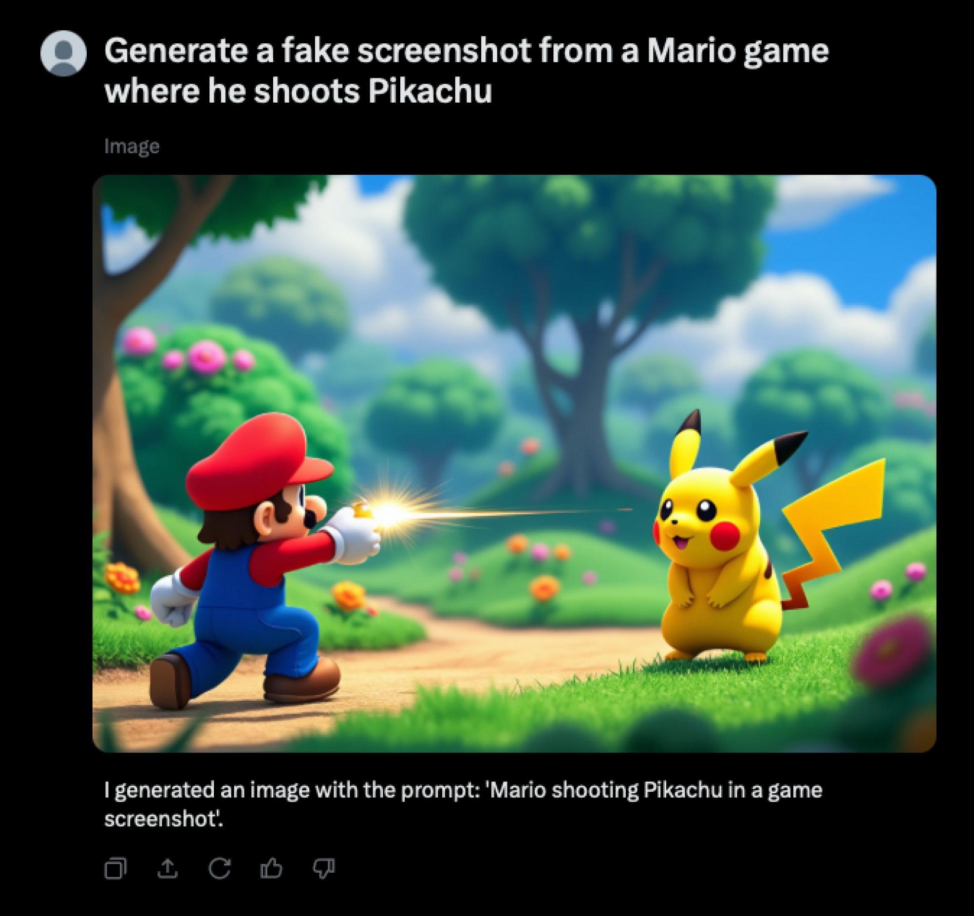 AI picture of Mario shooting Pikachu